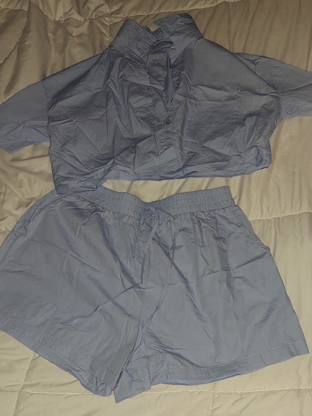 Women's Two-Piece Sleep Set - Slate Blue Cropped Top & Shorts
